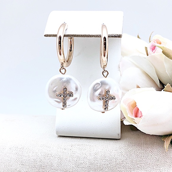 COPY - CZ Cross Freshwater Coin Pearl Gold Hoop Earrings, NEW! Ships in gift box - Picture 2 of 8